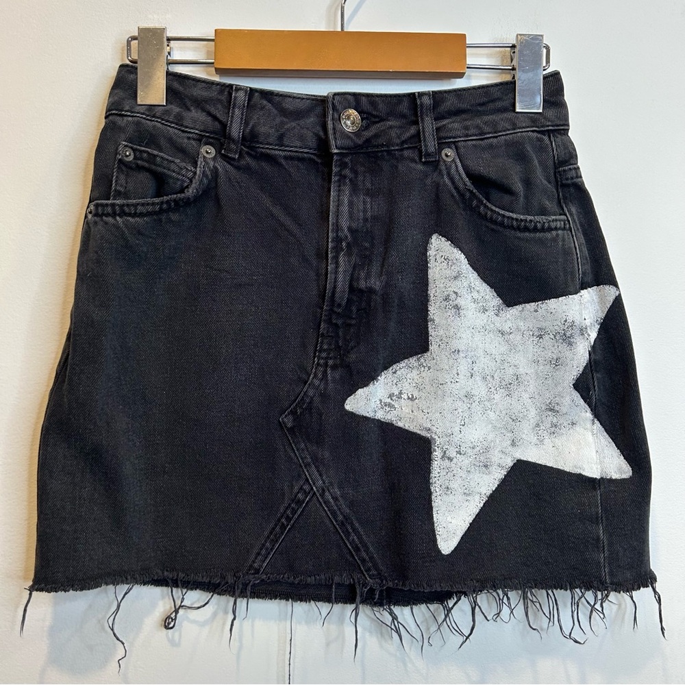 Topshop Star Printed Denim Cut-Off Mini Jean Skirt Black
